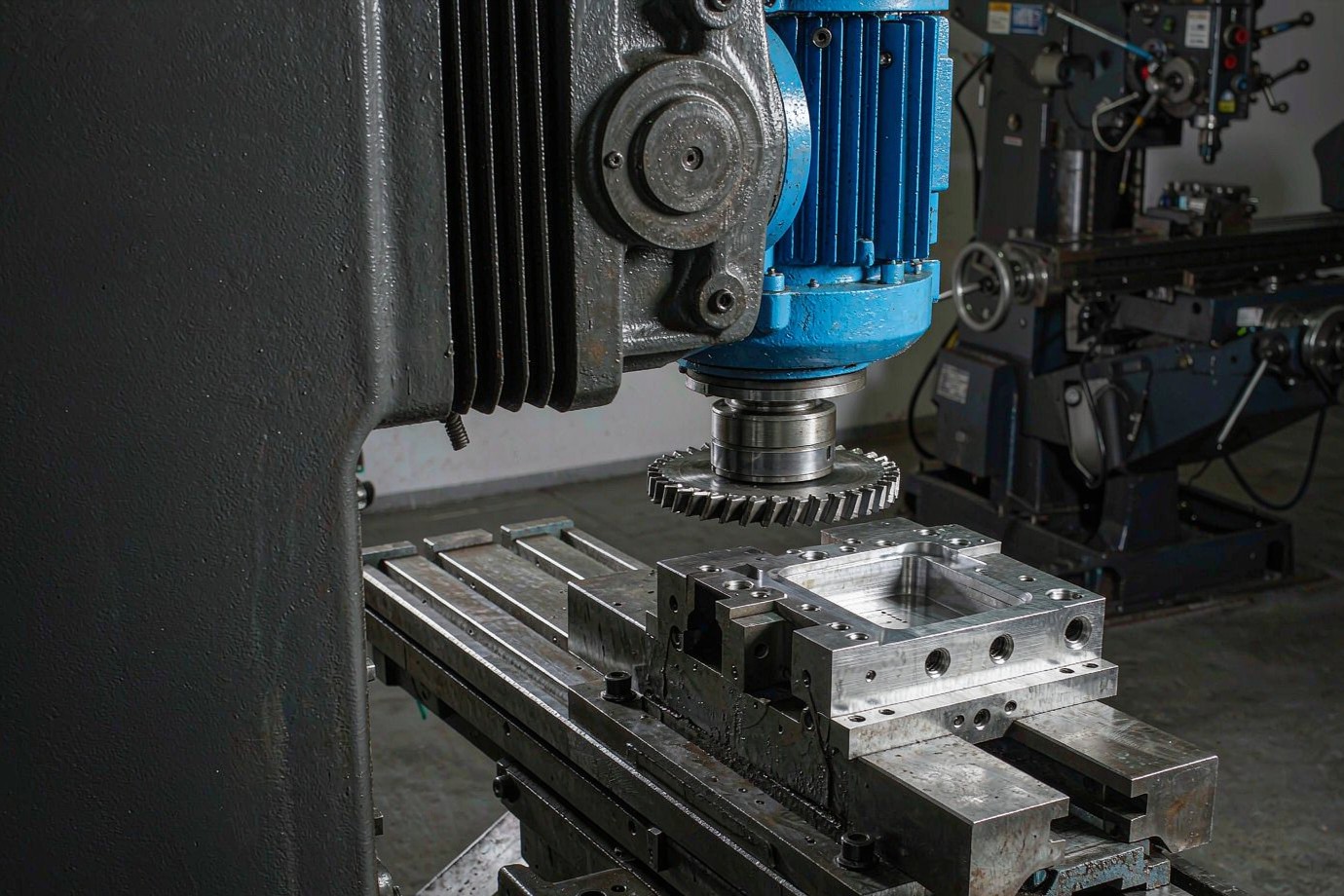 CNC machined part held in a precision vice on a machining centre table