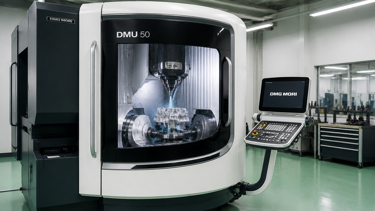 DMG MORI DMU 50 5-axis CNC machining center in Goldcattle workshop producing precision parts