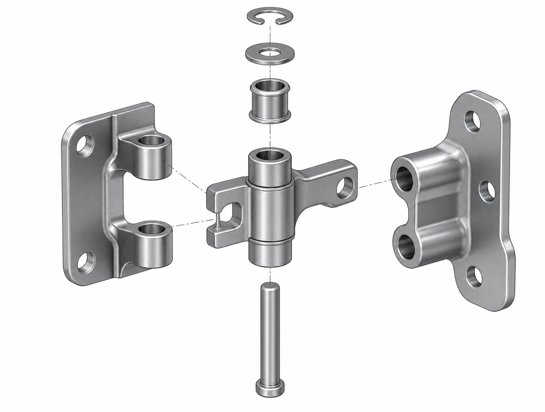 Exploded view of automotive door hinge showing hinge body, door member, body member, hinge pin, bushing, washer and retainer