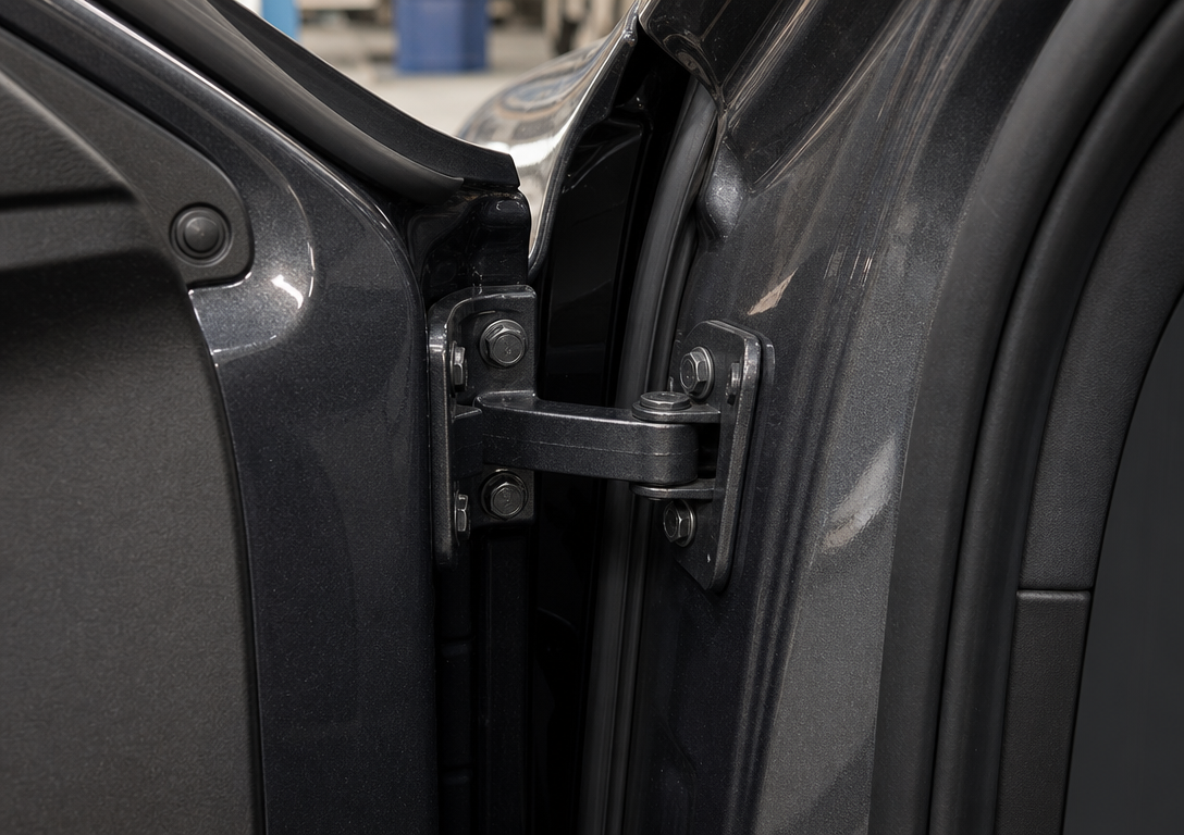 Automotive door hinge installed on vehicle door and body pillar showing mounting interface and hinge axis