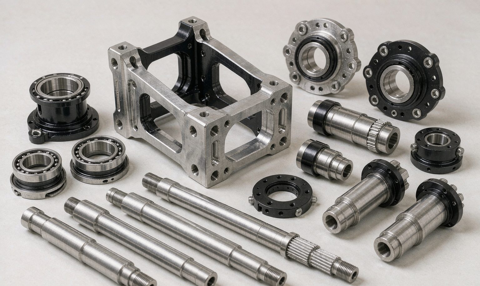 Assorted custom CNC machined e-bike components including brackets, axle parts and housings in aluminum and stainless steel