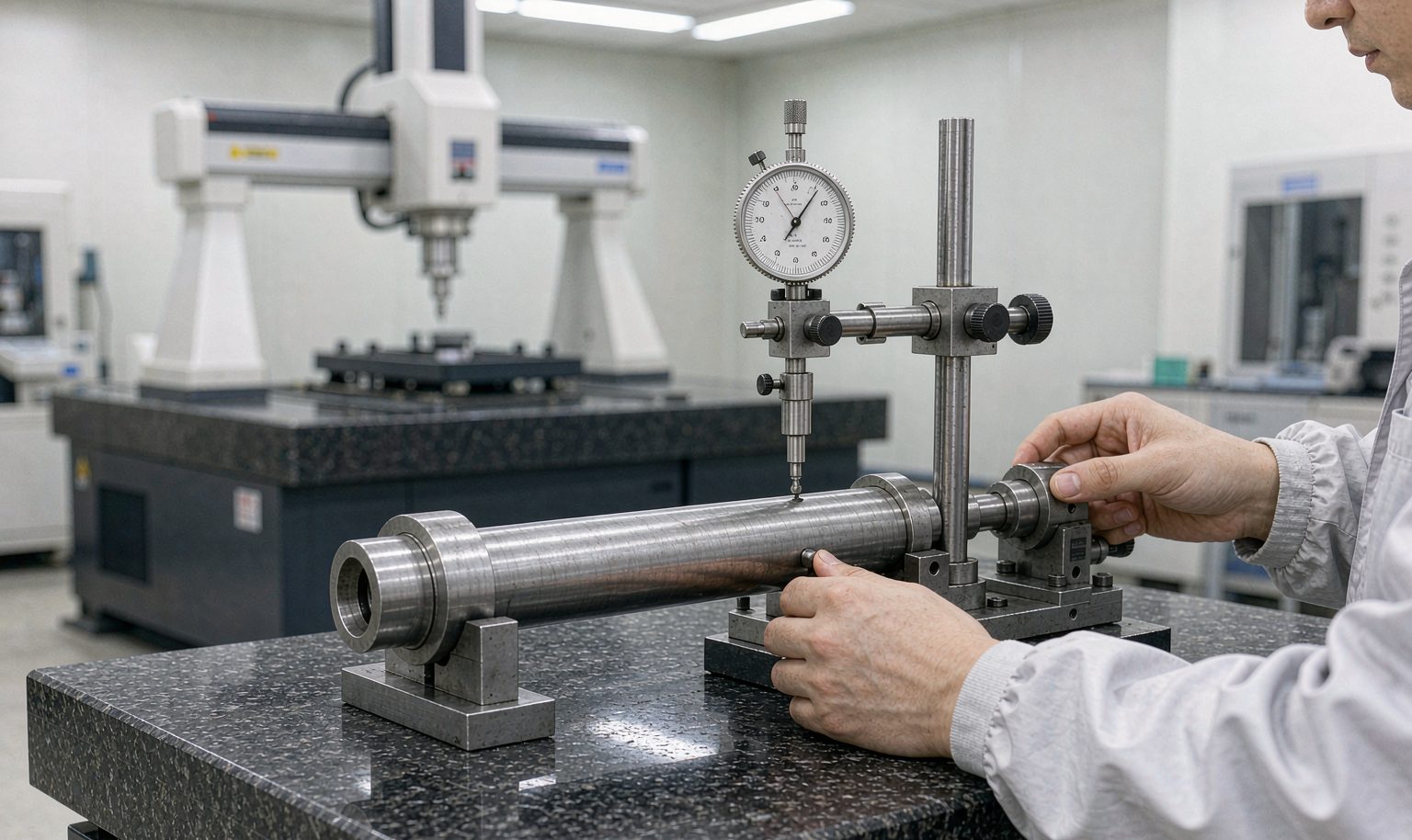 Engineer measuring shaft eccentricity with a dial indicator on a granite surface plate