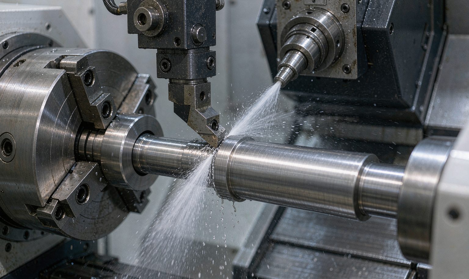 CNC turning center machining a steel shaft with an offset feature