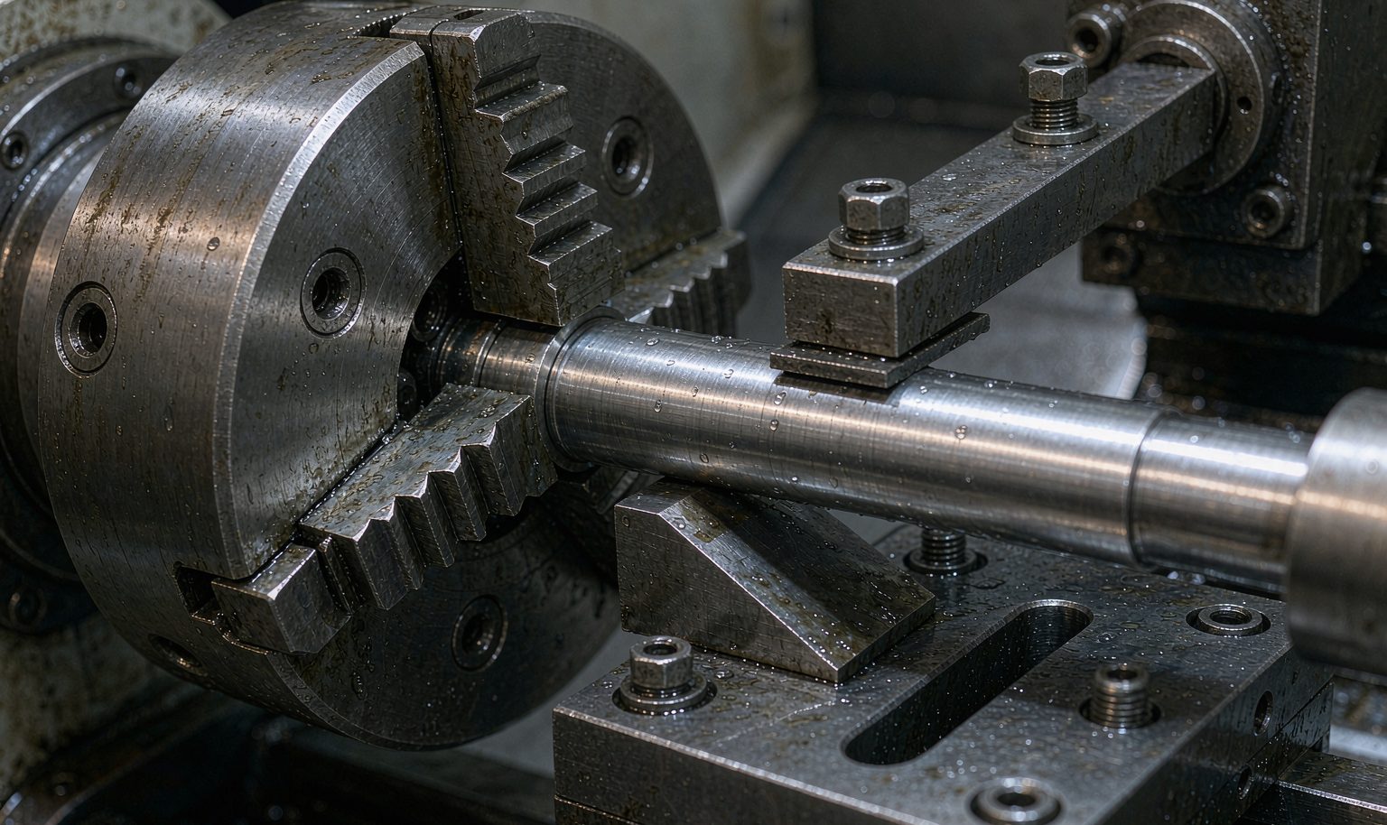 CNC lathe chuck holding a shaft in an offset eccentric fixture plate