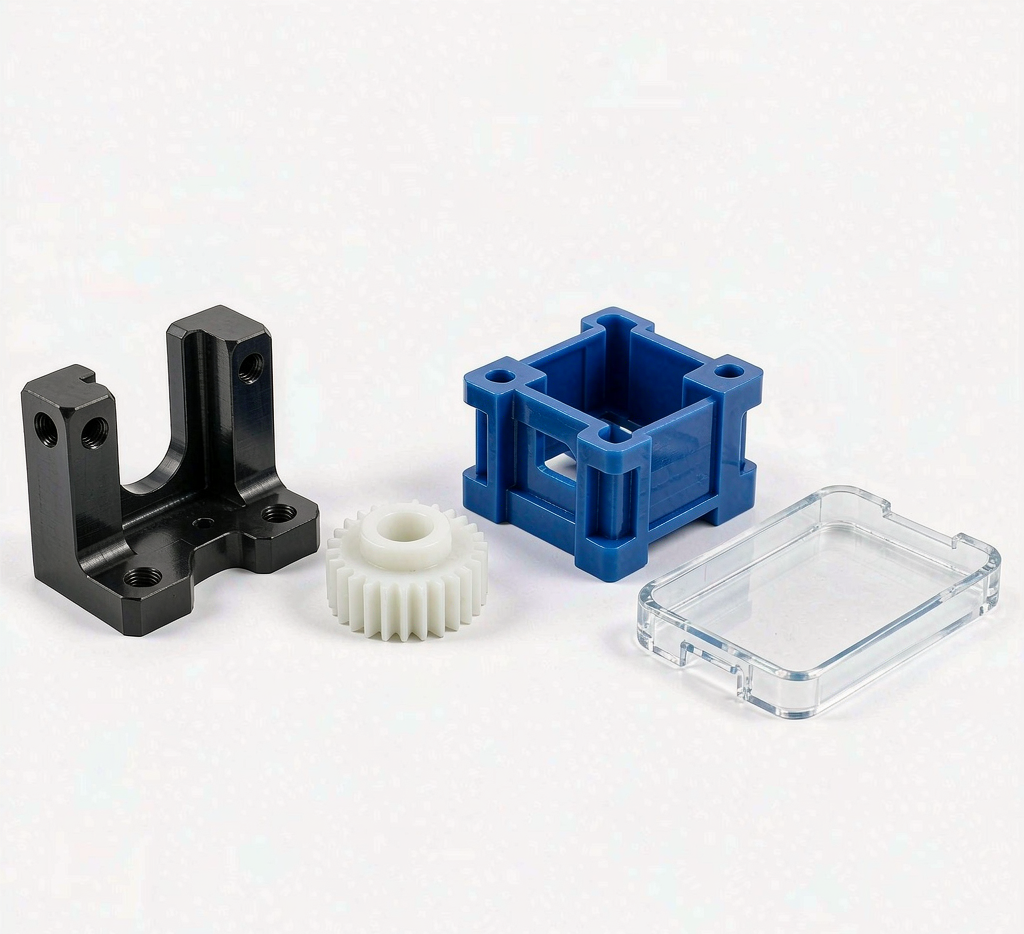 Machined engineering plastic parts in different materials: black PEEK bracket, white POM gear, blue nylon housing, and clear polycarbonate cover