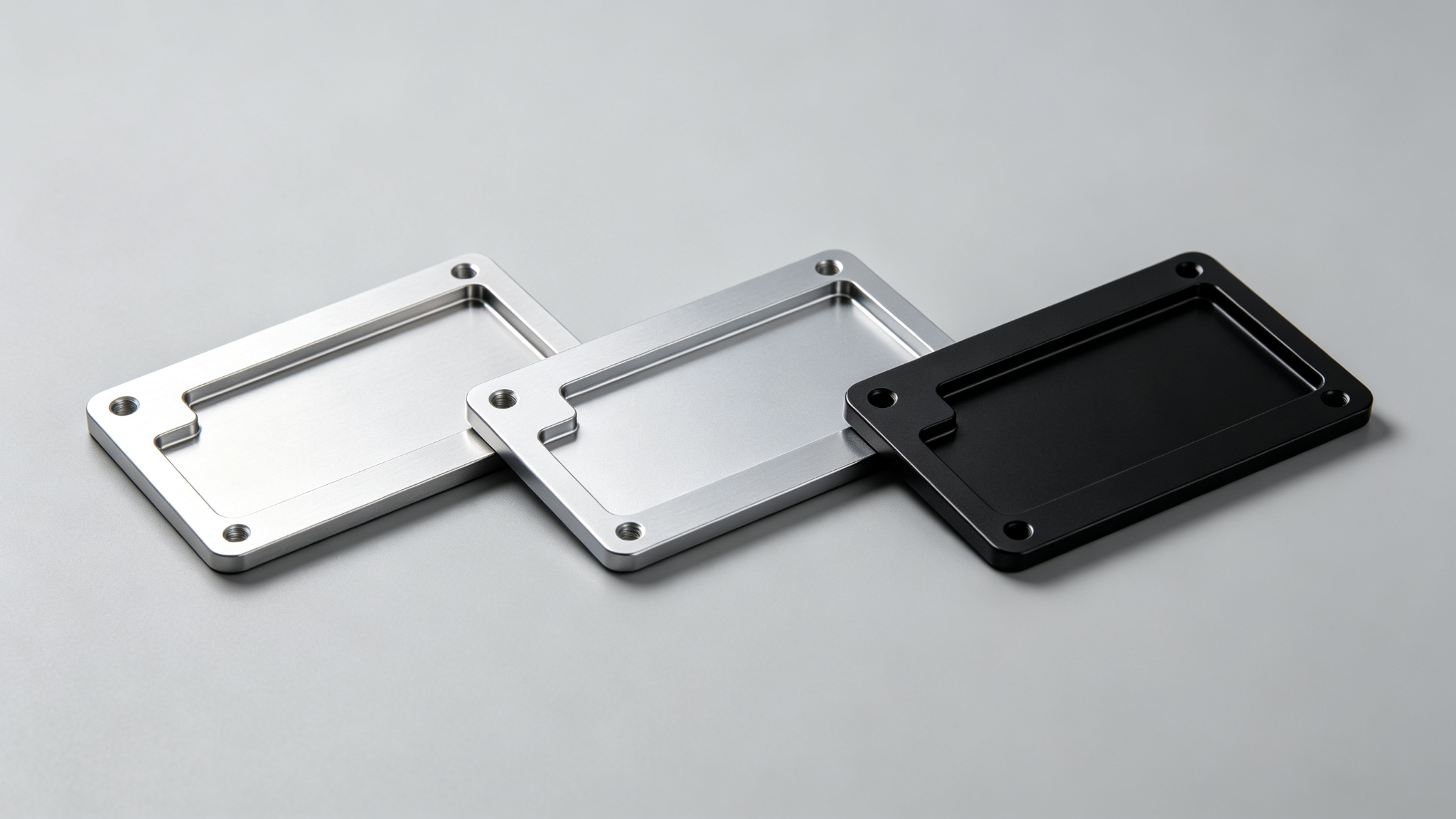 Anodized 7075 aluminum aerospace component samples showing machined, clear and hard anodized finishes