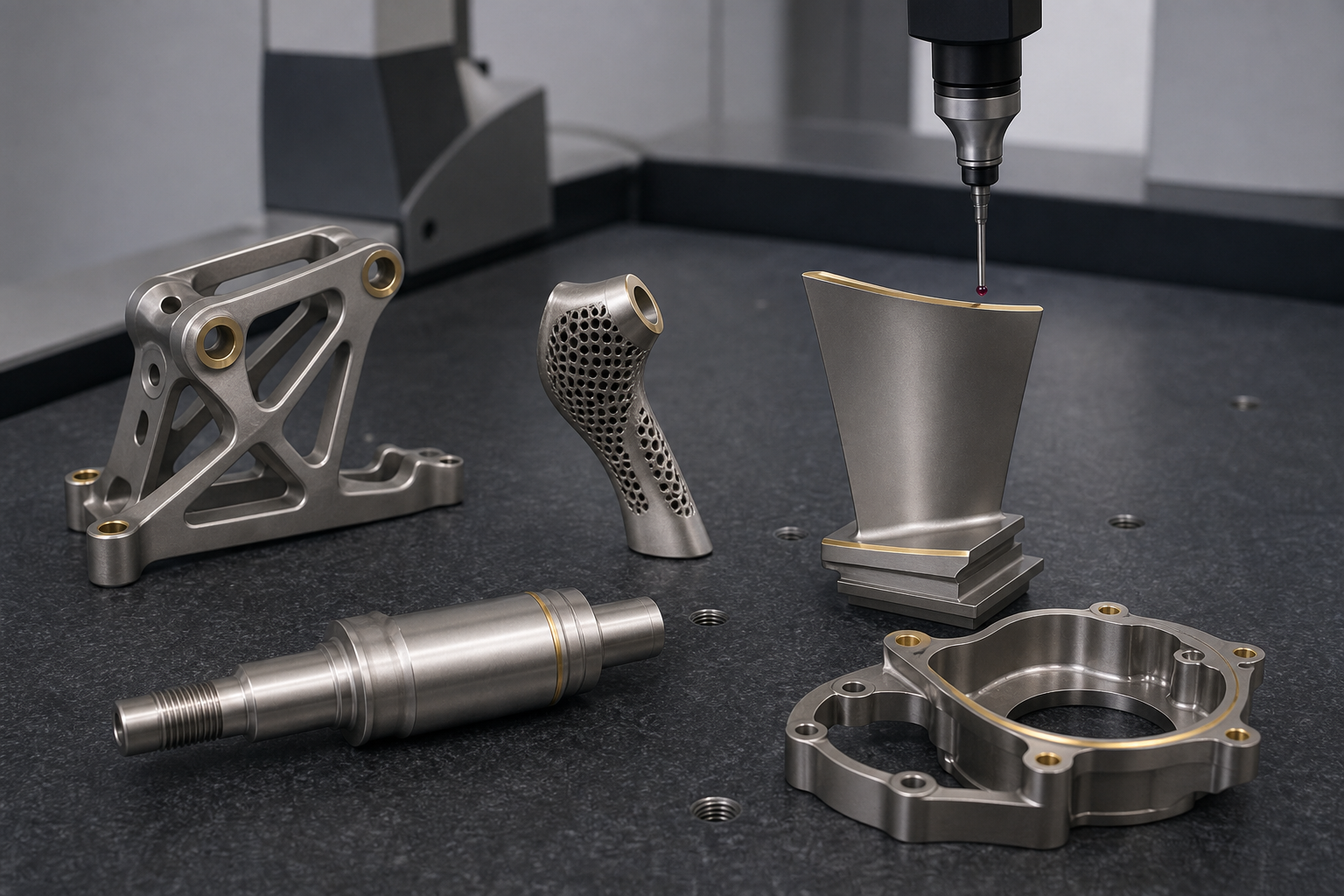 Finished CNC machined titanium Ti-6Al-4V components on inspection surface plate