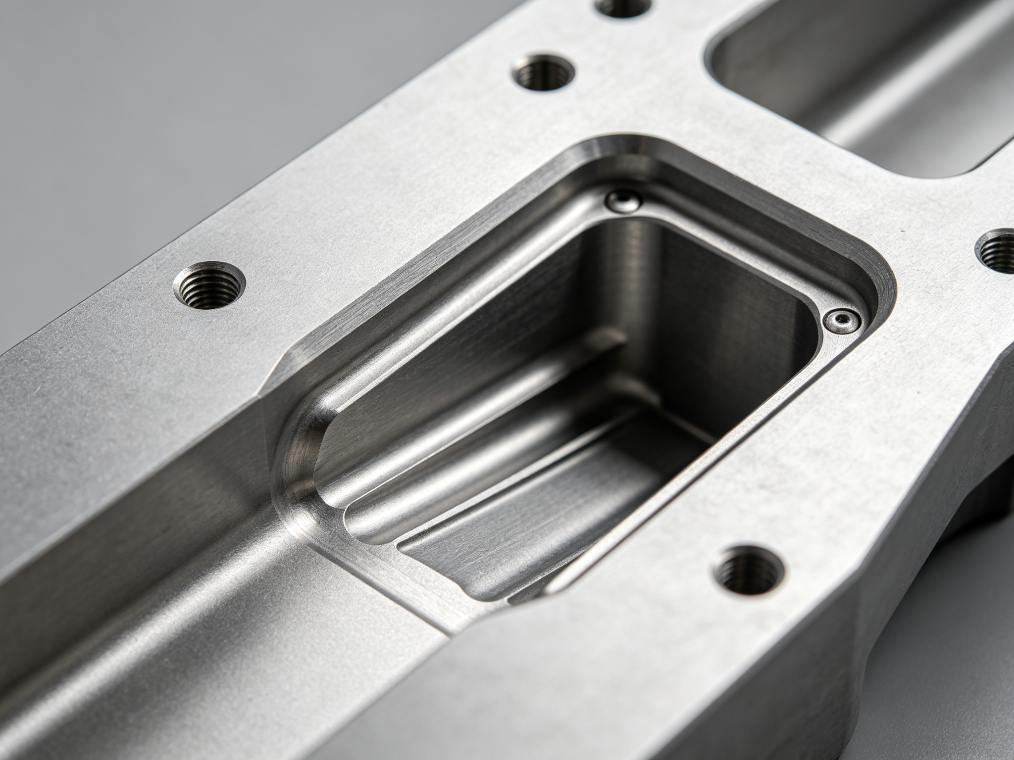 Close-up of machined aerospace aluminum part with deep pocket, angled surface, precision holes and ribs