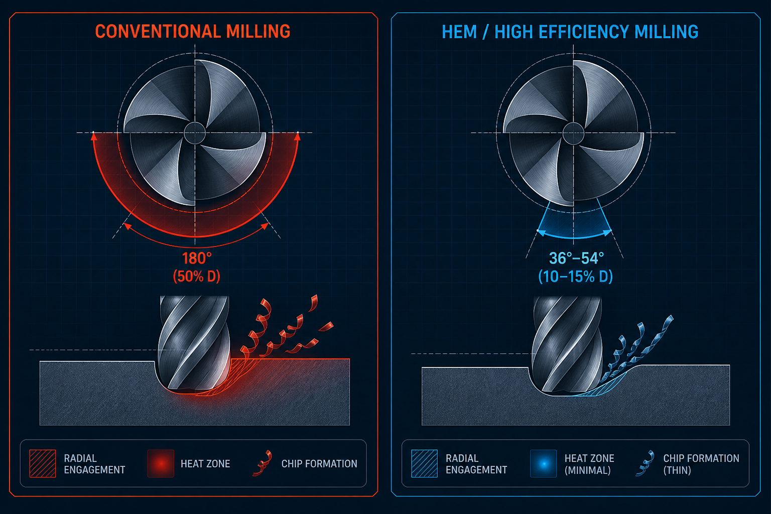 HEM vs conventional milling radial engagement comparison for titanium