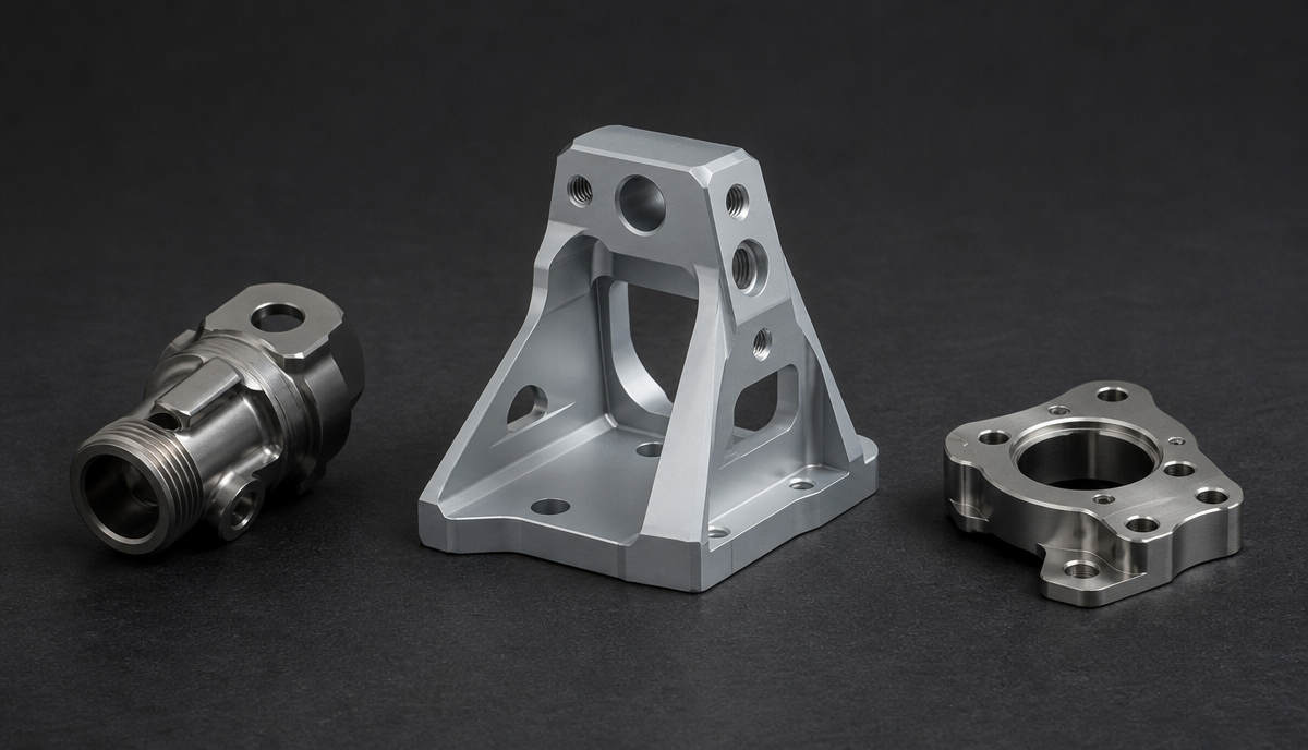 Custom CNC machined aerospace parts — 7075-T6 aluminum bracket, titanium fitting, and stainless steel mounting component