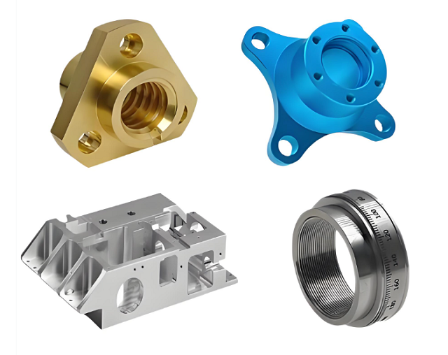CNC machined aluminum prototype parts arranged on a clean workbench, showing precision brackets and housings with visible tool marks