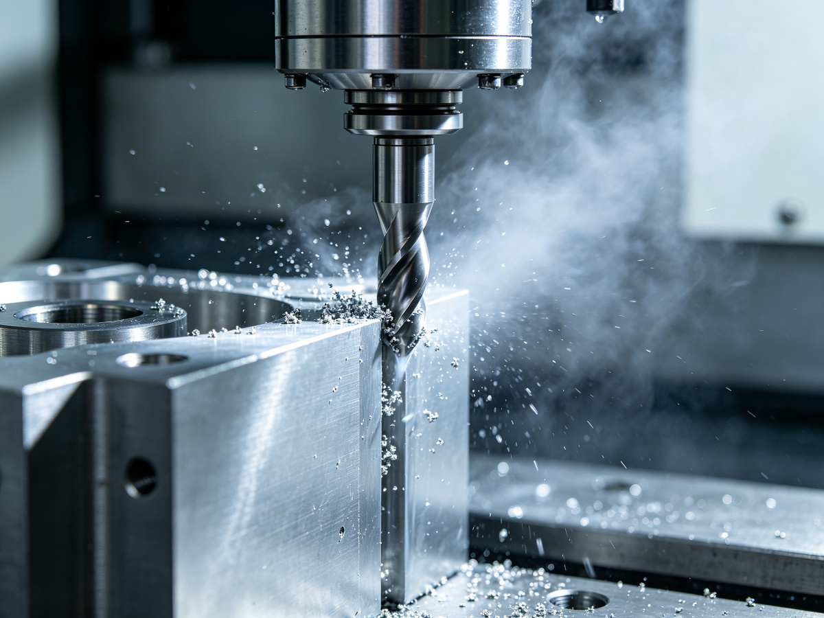 Carbide end mill contouring the vertical wall of an aluminum housing inside a CNC machining center