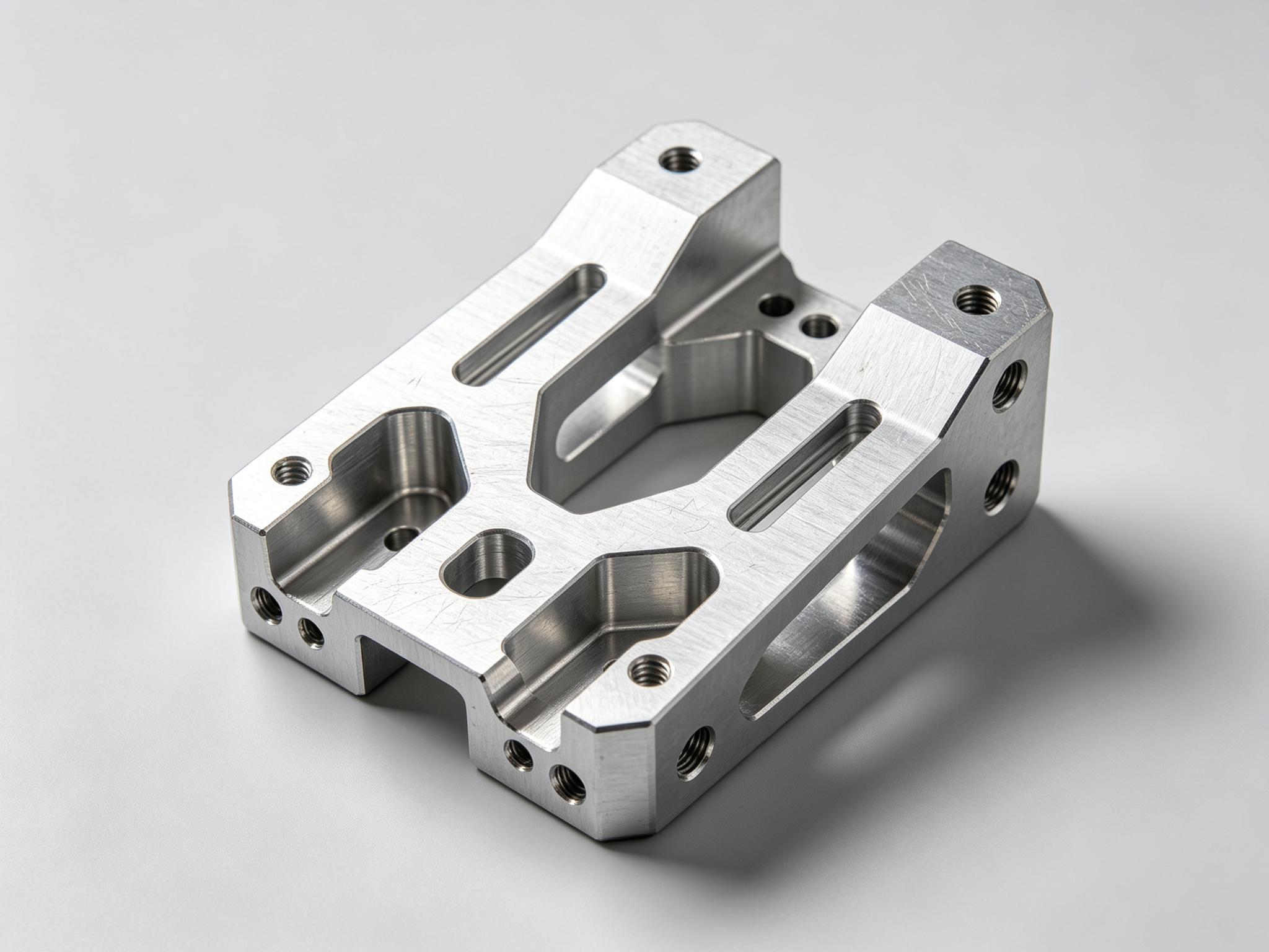 7075-T7351 aerospace aluminum 5-axis CNC machined component with angled surfaces, pockets and precision hole pattern