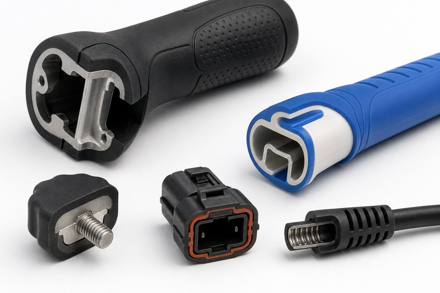 Overmolded components — TPE and TPU grips, seals, knobs and protective surfaces on rigid substrates