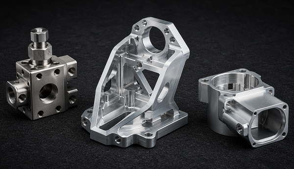 Custom 5-axis CNC machined aluminum and stainless steel parts — complex multi-face brackets, housings and manifolds