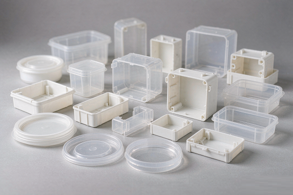 Collection of lightweight thin-wall injection moulded plastic containers, lids and enclosures