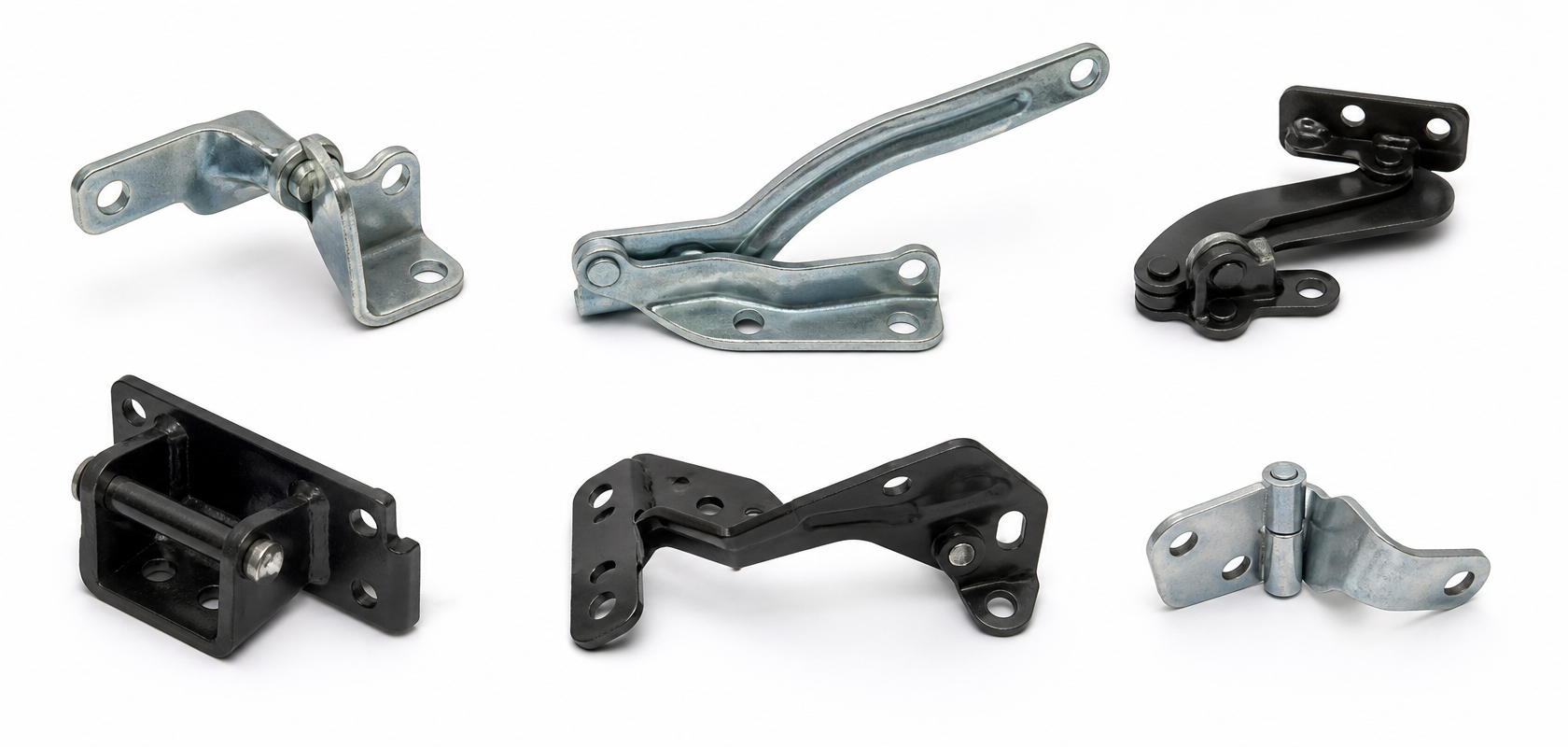 Various automotive door hinge geometry types: standard side door, liftgate, hood and specialty hinges showing different arm shapes, offsets and mounting patterns