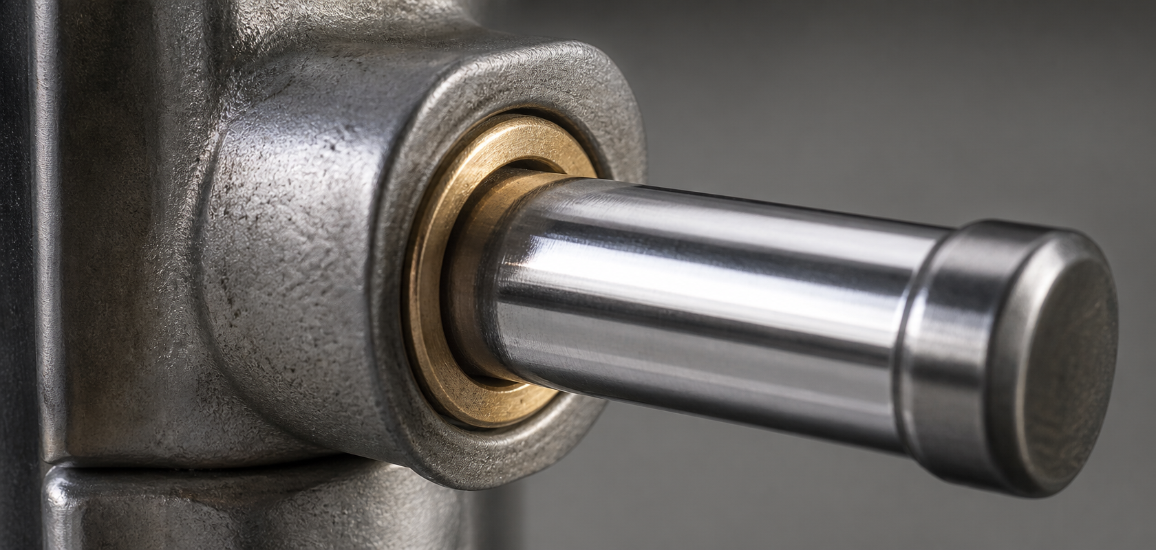 Close-up of automotive door hinge pin and bushing assembly showing pivot interface and surface finish