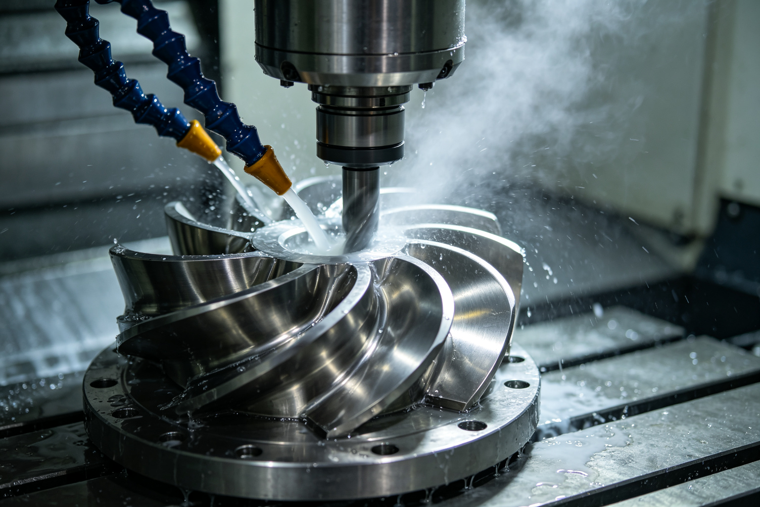 Five-axis CNC machining center contouring the curved blade of a titanium impeller