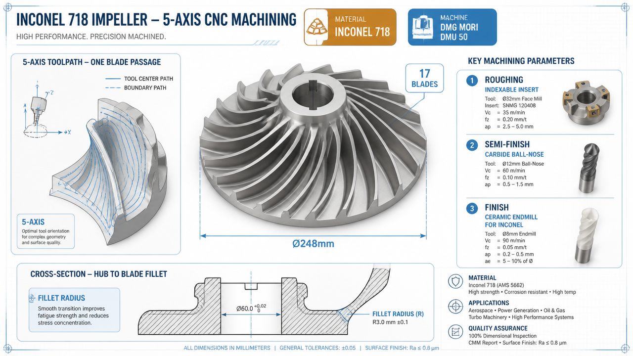 Inconel 718 impeller 5-axis CNC machined on DMG MORI DMU 50 showing 17 curved blades and hub assembly