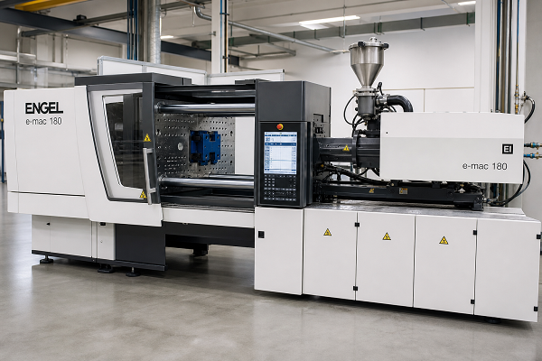 Modern plastic injection molding machine in workshop