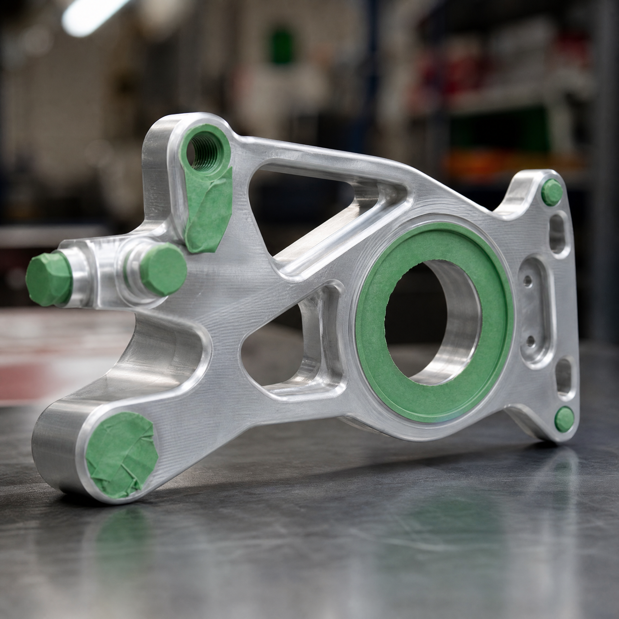 CNC aluminum bracket with green masking tape and rubber plugs covering threads and bearing bore before hard anodizing