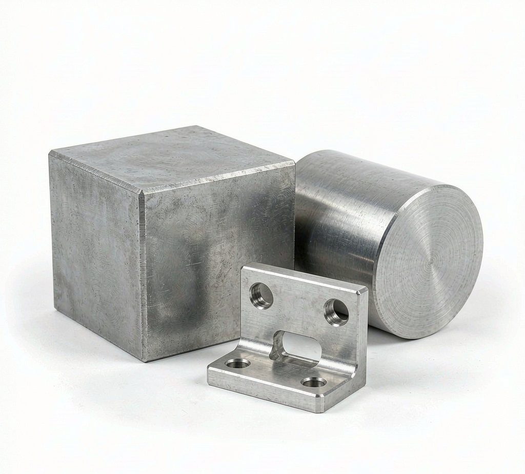 6061-T6 aluminum billet, round bar stock and a machined bracket sample