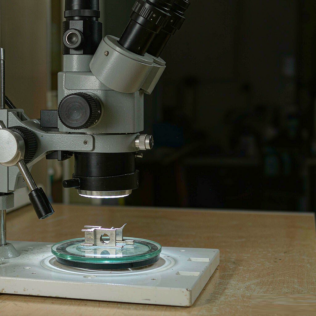 Stereo microscope inspecting edge quality of a small machined medical component