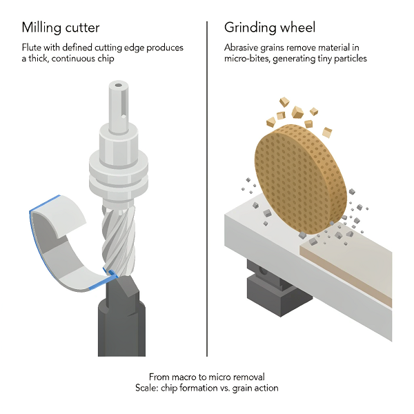 Diagram comparing a milling cutter defined cutting edge producing a chip with abrasive grains taking microscopic bites