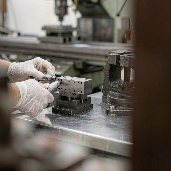 Precision machined and ground tool steel component held in a vise being measured with a micrometer beside a surface grinding machine