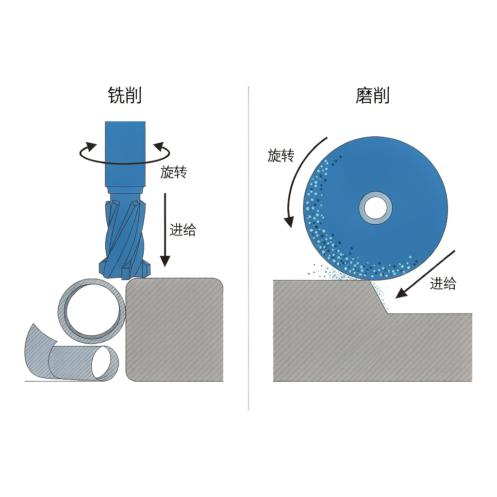 Cross section diagram comparing a milling cutter producing chips with a grinding wheel refining a surface