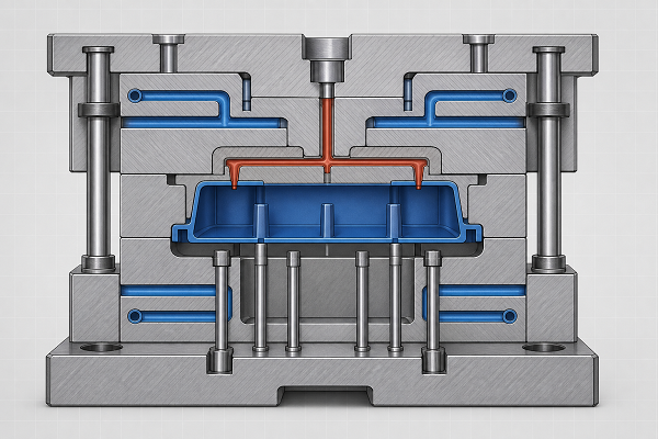 Cross-section of a plastic injection mold showing cavity, core, cooling channels and ejection system