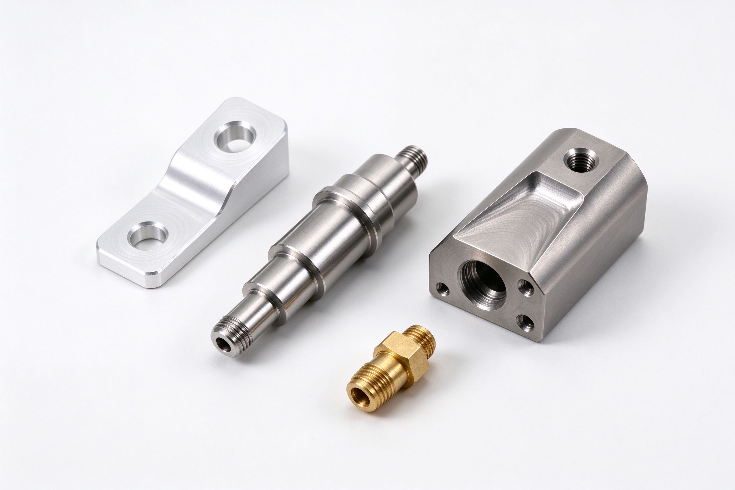 Set of custom CNC machined metal prototype parts in aluminum, stainless steel, titanium and brass on a white background