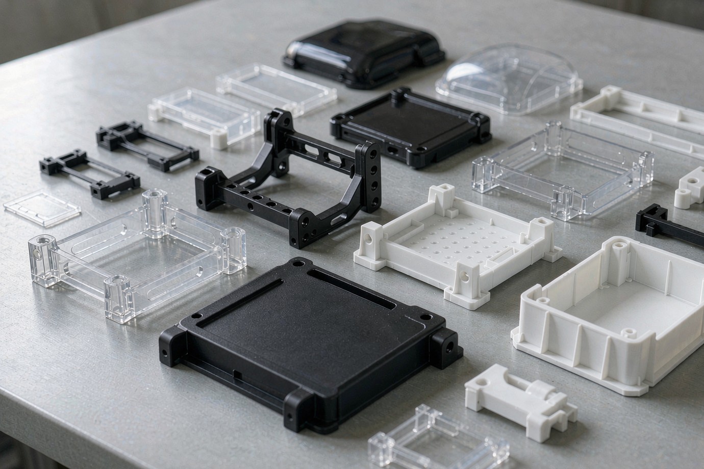 Assortment of precision injection molded ABS, PC, Nylon and POM plastic components on a studio workbench