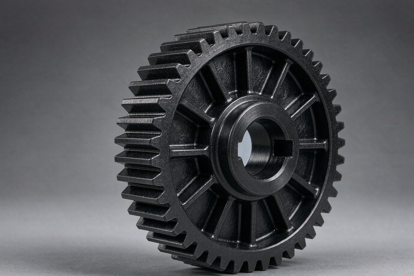 Black glass-filled nylon injection molded gear with reinforced ribs