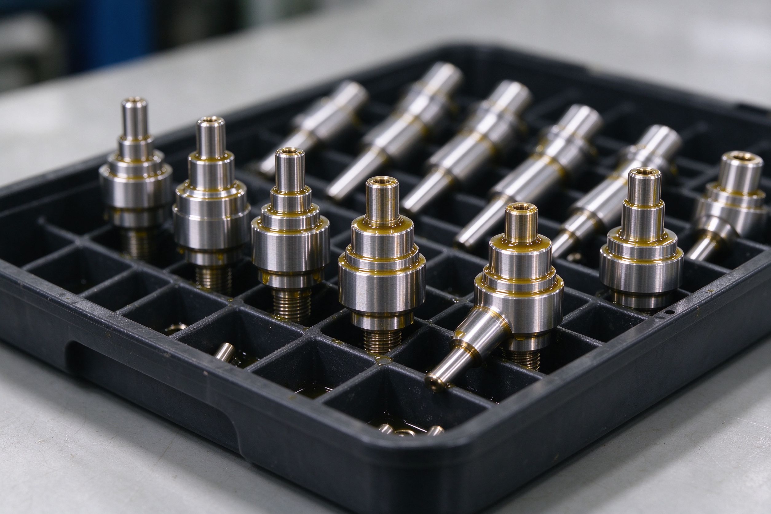 Pilot batch of CNC turned steel automotive shaft components in a parts tray