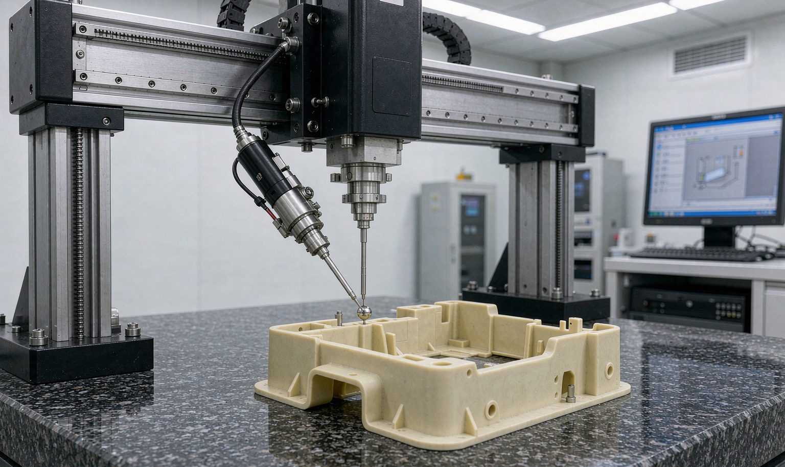 Coordinate measuring machine measuring a molded polypropylene part on a granite inspection table