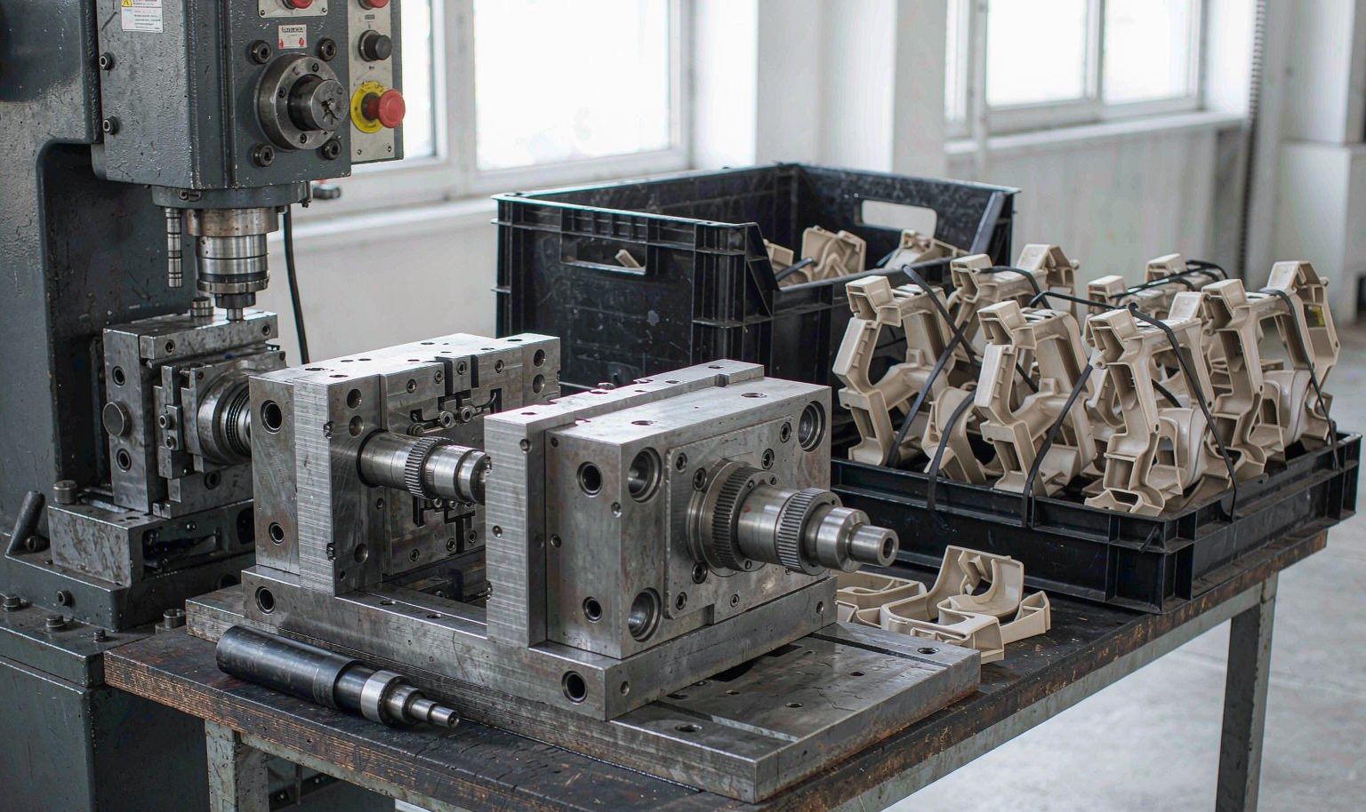 Steel injection mold opened beside freshly molded polypropylene parts in a workshop