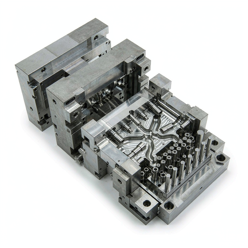 Precision injection mold tool half for medical components showing polished cavities, ejector pins and cooling channels
