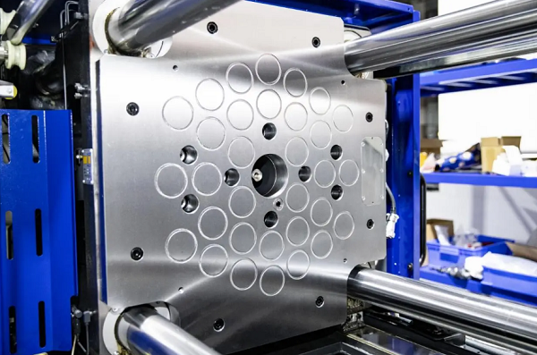 Hardened steel production injection mold installed in an injection molding machine during an automated production run