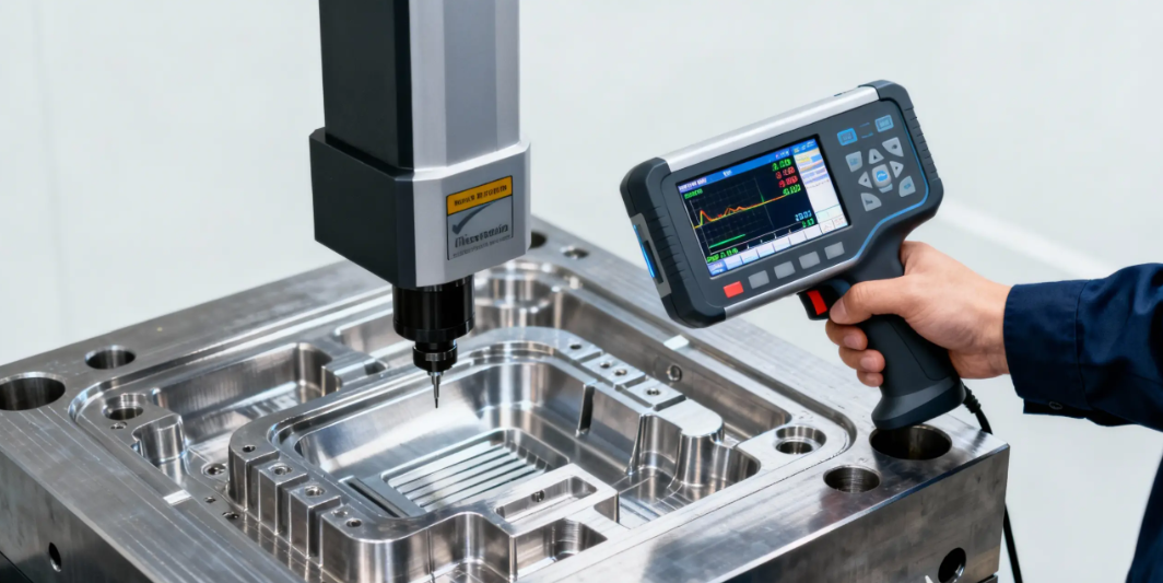 Technician cleaning and inspecting ejector pins of an injection mold during preventive maintenance
