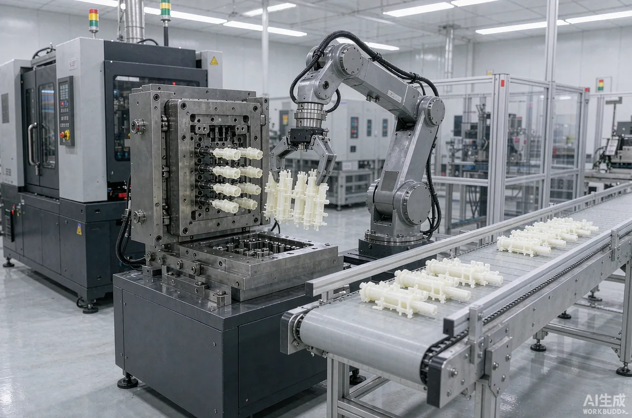Automated injection molding production cell ejecting multi-cavity molded parts