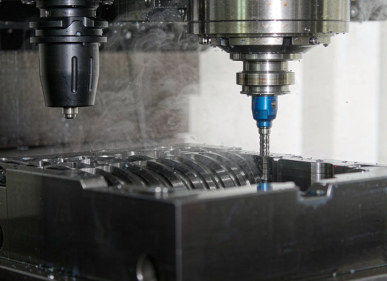CNC machining center cutting a hardened steel mold cavity from tool steel