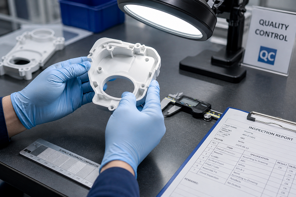 Quality control inspection of injection molded plastic parts with calipers and inspection report