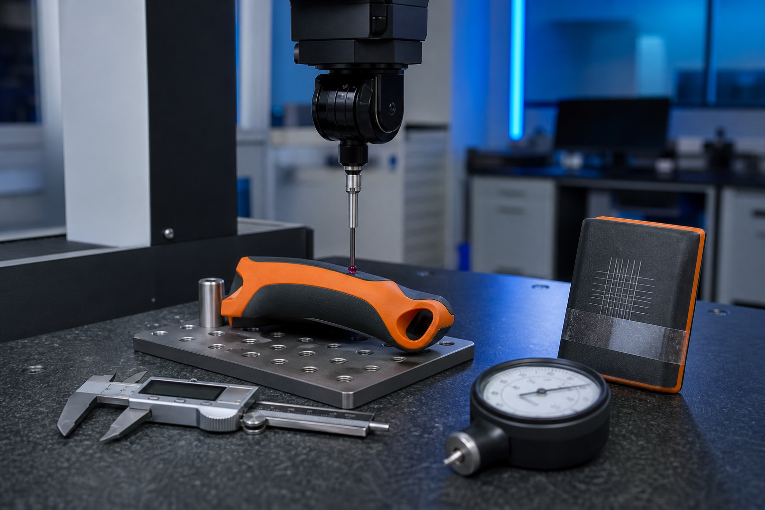 Quality inspection of overmolded parts — CMM measurement, cross-hatch adhesion test, Shore A durometer