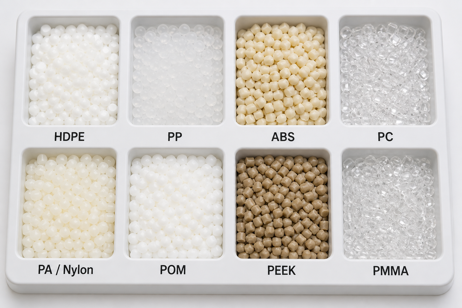 Common plastic resin pellets used in injection molding: HDPE, PP, ABS, PC, PA, POM, PEEK, PMMA
