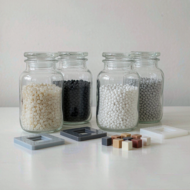 Glass jars of engineering plastic resin pellets — natural ABS, black polycarbonate, white nylon and translucent polypropylene — beside molded test chips