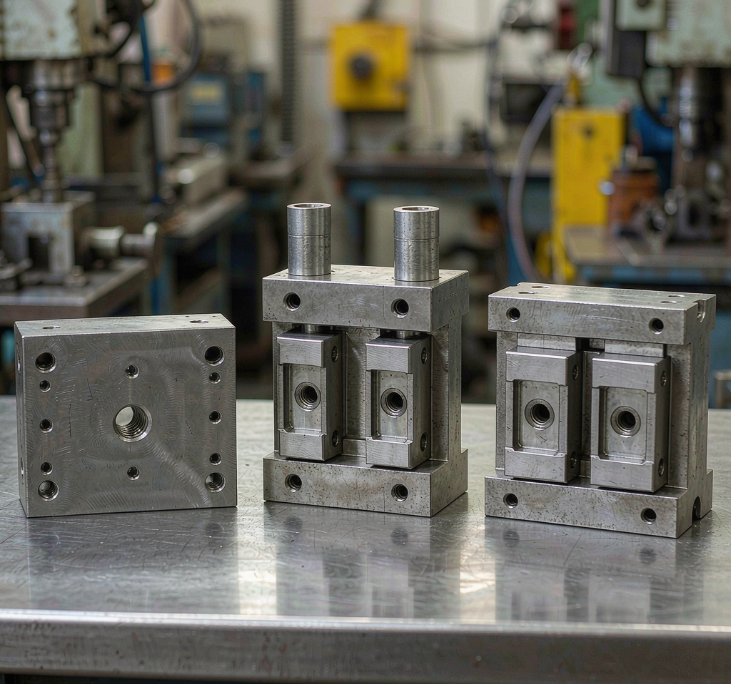 Three injection mold bases side by side on a steel workbench: aluminum prototype mold, pre-hardened steel mold and modular insert mold system