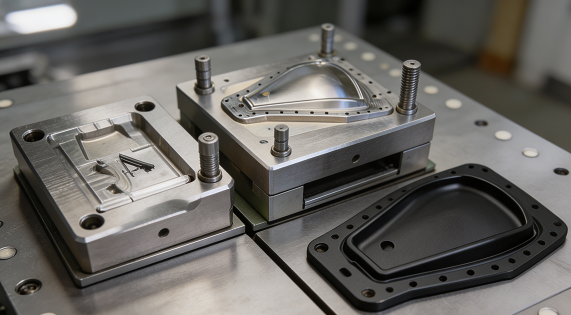 CNC machined aluminium injection mold half open on a bench with freshly molded black plastic parts beside it