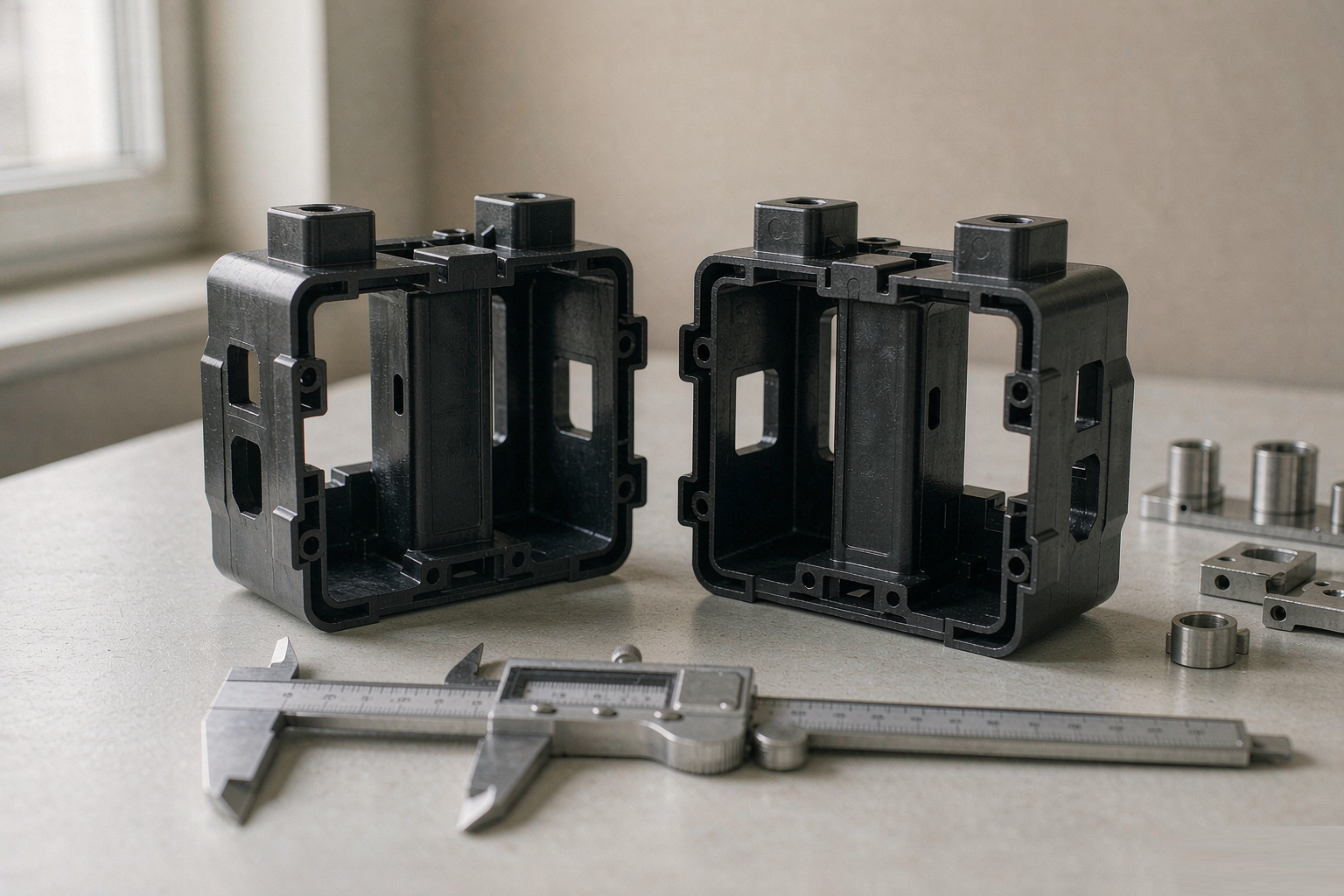 Two black injection molded plastic housing halves being test-fitted together on a bench with a digital caliper and metal mating parts